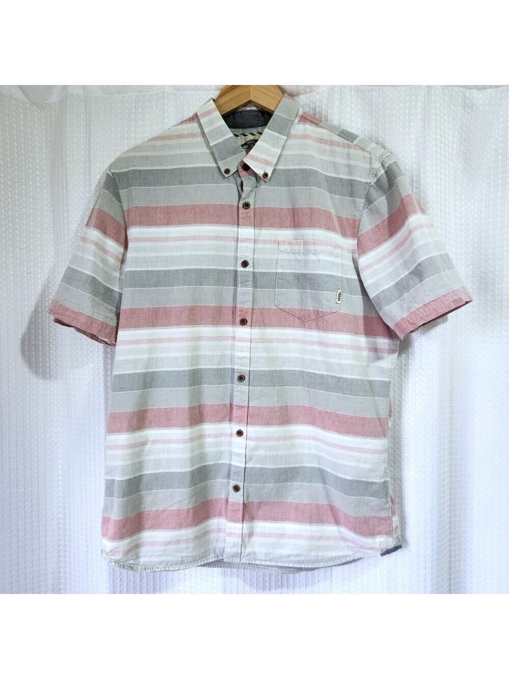 Vans Mens Size Large Ombre Stripe Short Sleeve Button Up Cotton Shirt Pink Grey